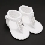 Handmade Crochet Baby Girl Sandals with Pearl Beads | Soft Comfortable Newborn Infant Shoes | Cute Fashion Baby Footwear for Girls | Crochet woolen baby booties| customizable baby girl woolen shoes | pearl crochet shoes for baby girl