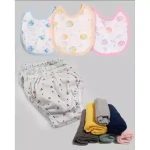 GP New Born Baby Accessories gift pack - Pack of 3 - Bibs, Baby Nickers & 6pcs Face Towel[RANDOM COLOUR+RANDOM DESIGNS]