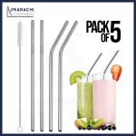 Pack of 5 - 4 Bent Stainless Steel Reusable Drinking Straws With Cleaning Brush Metal Straws