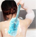 Decor Rack Bath Sponge with Handle, Shower Loofah Brush, Back Cleaning Scrubber, 8” Long Curved Handle, Exfoliate, Rejuvenate Skin, Body Bathing Sponge with Long Mesh Pouf - Image 2