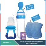 Pack of 3 Baby Silicone Squeeze Spoon Feeder with Fruit Pacifier and Knee Pads