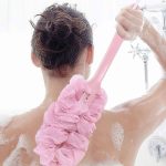 Decor Rack Bath Sponge with Handle, Shower Loofah Brush, Back Cleaning Scrubber, 8” Long Curved Handle, Exfoliate, Rejuvenate Skin, Body Bathing Sponge with Long Mesh Pouf - Image 3