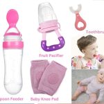 New Combo Pack 4 in 1 Baby Fruit Pacifier - Baby Silicon Spoon Feeder Best Soother - Pair of Kneepad - Best Silicone U Tooth Brush Best Tool For New born
