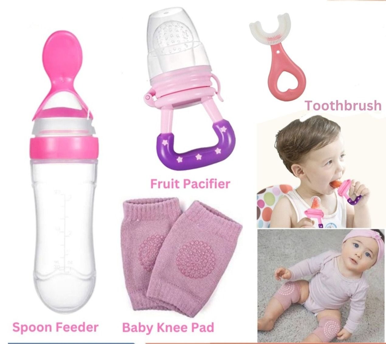 imgi_65_afe26bf931f75cbe38ca71b5f3d01e67 New Combo Pack 4 in 1 Baby Fruit Pacifier - Baby Silicon Spoon Feeder Best Soother - Pair of Kneepad - Best Silicone U Tooth Brush Best Tool For New born - Image 1