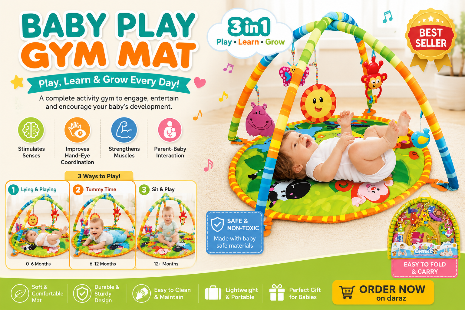 6c Baby Play Mat with Hanging Rattles For kids / Indoor Games Baby / Baby Play gym Mat - Image 1