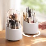 360° Rotating Makeup Brush Storage Box Portable Desktop Cosmetic Organizer,7 Slots Transparent Makeup Brush Box Dust Free Makeup Brush Organizer for Display Stand Bedroom Dresser Bathroom Counter Top.