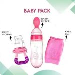 Pack of 3 Silicon Squeeze Baby Spoon Feeder Bottle with Baby Fruit Pacifier and Kneepad Pair for Milk Feeding Babies, Toddlers, Crawling Babies