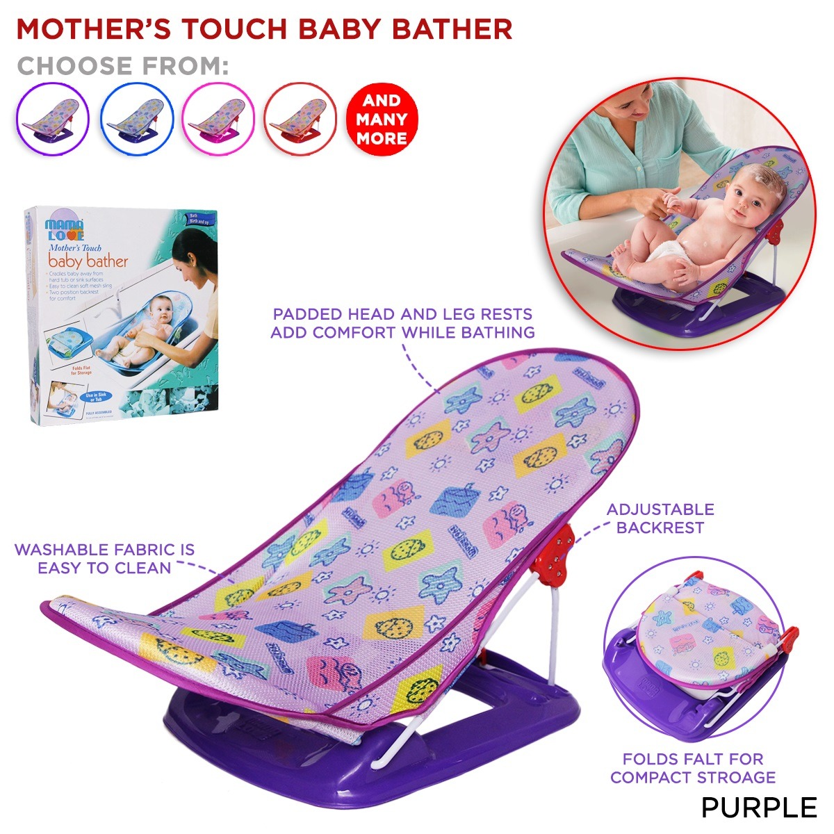 imgi_51_72de80b8217a5bb37fb2 Tawakkal Mart Mama Love Baby Bather With Head Rest Cushion Infant Folding Bath Seat Bath Support for Use in the Sink or Bathtub Includes 2 Reclining Positions For Newborn Babies - Image 1