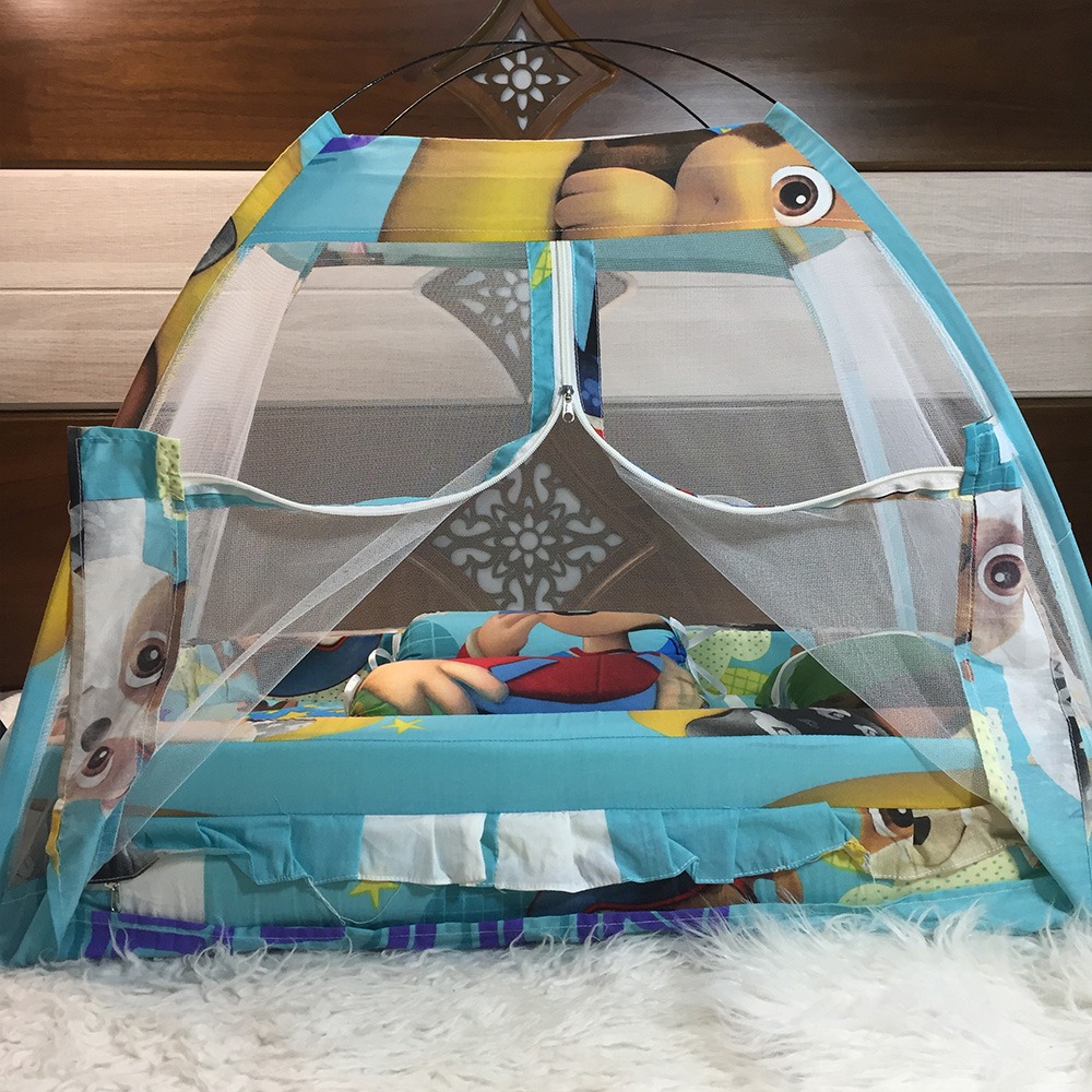 imgi_51_d828d37c37e8c755cb8d9ce0ca054f4c (1) Best Quailty Grey Multicolor Super Soft Baby Bed Set With 1 Pillow 2 Cushions and Mosquito Net - Baby Bistar Gaddi Sleeping Bag Bed - Image 1