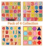 Wooden Slates Alphabets Letters Numbers and Shapes, Small and Capital ABC, 123 Numbers and Geometric Shapes Pack of 4 , 3 , 2 Wooden Educational Learning Puzzle wooden matching game kids puzzle wooden board - Image 2
