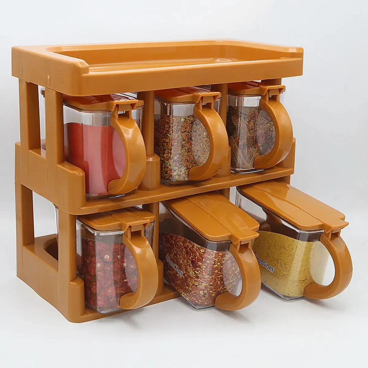 imgi_19_50 6 Pieces Spice Jar Set with Rack | Plastic Masala Box Organizer with Transparent Seasoning Containers & Handles | Multipurpose Kitchen Spice Storage Rack for Condiments, Herbs, Sugar & Dry Foods - Image 1