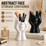 Pen Holder & Desk Decor White Abstract Face Sculpture with Hands, Modern Office Desktop for Pens, Makeup Brushes