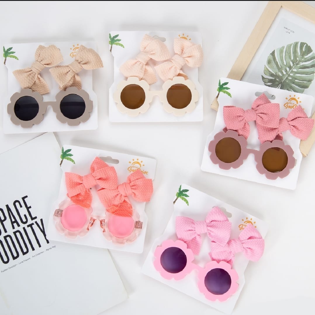 imgi_54_e2036b3a7d226b1e847547f4e4497d88 3Pcs/Card Flower Sunglasses with 2pcs 8.5cm Baby Hair Clips Set Bullet Fabric Princess Girl Hair Bow Hairpins Kids Sun Glasses - Image 1