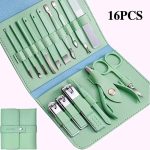 16 in 1 Manicure Pedicure Kit Nail Clipper Grooming Set Stainless Steel Tools Portable Travel Case Nail Cutter Trimmer Tweezers Ear Pick Cuticle Pusher Scissors Multi-Function Finger Toe Care Facial Eyebrow Remover Household Unisex Beauty Spa Kit