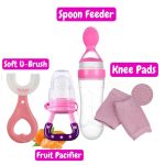 New Combo Pack 4 in 1 Baby Fruit Pacifier - Baby Silicon Spoon Feeder Best Soother - Pair of Kneepad - Best Silicone U Tooth Brush Best Tool For New born - Image 4