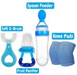 New Combo Pack 4 in 1 Baby Fruit Pacifier - Baby Silicon Spoon Feeder Best Soother - Pair of Kneepad - Best Silicone U Tooth Brush Best Tool For New born - Image 5
