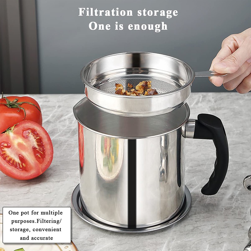 imgi_63_6cdde1af080da0292eeeea2e5db394e9 1.4 L Oil Strainer Pot Fine Mesh Fast Filtering With Lid Stainless Steel Frying Bacon Fat Oil Storage Container Kitchen Supplies - Image 1