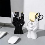 Pen Holder & Desk Decor White Abstract Face Sculpture with Hands, Modern Office Desktop Organizer for Pens, Makeup Brushes - Image 4