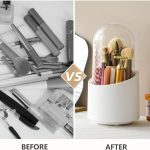 Rotating Makeup Brush Holder with Lid, Dustproof Cosmetic Brush Storage Organizer for Vanity