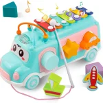Hunger Bus Baby Toy Musical School Bus, Knocking Piano Car with Shape Puzzles,Sensory Toys for Toddlers 1-3,Educational Learning Gift for Girls and Boys