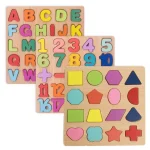 Wooden Slates Alphabets Letters Numbers and Shapes, Small and Capital ABC, 123 Numbers and Geometric Shapes Pack of 4 , 3 , 2 Wooden Educational Learning Puzzle wooden matching game kids puzzle wooden board